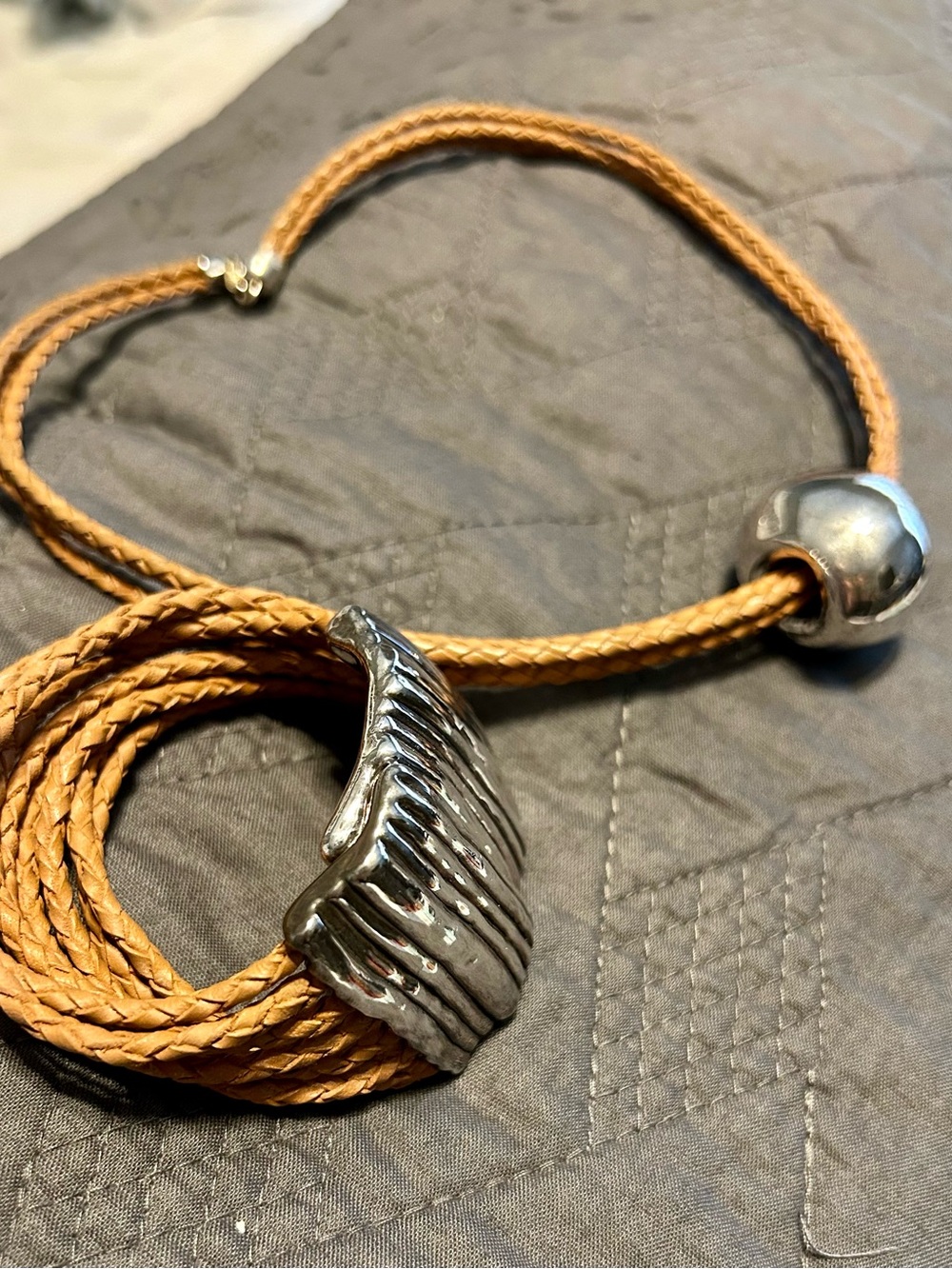 Braided Tan Leather Necklace with Silver-Tone Pendant and bracelet